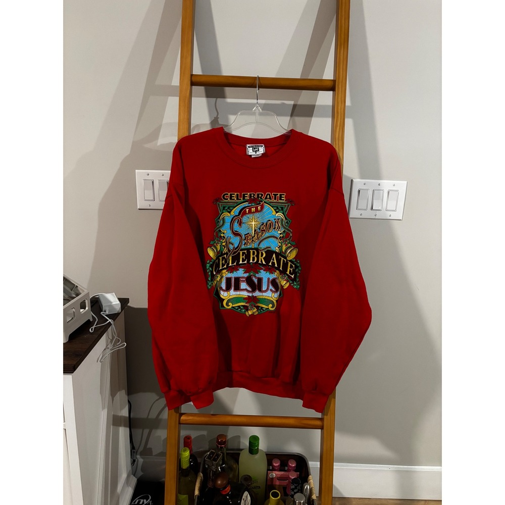 Vintage 1994 Lee Celebrate Jesus Christmas Sweatshirt Red XL Made in USA Church
